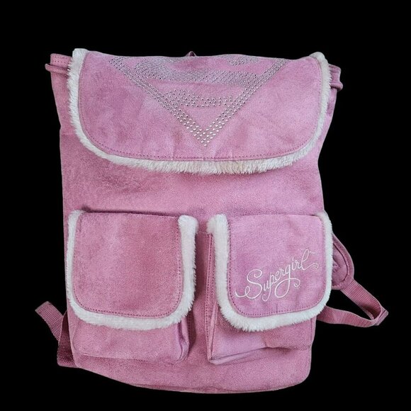 Supergirl Pink Faux Suede Backpack W/ Rhinestone Logo Furry Trim Bling Superhero - Picture 5 of 16